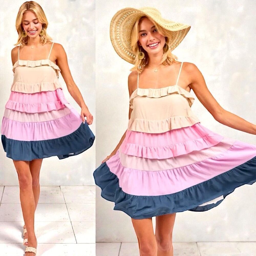 BiBi Color Blocked Ruffled Tiered Dress Medium NWT |